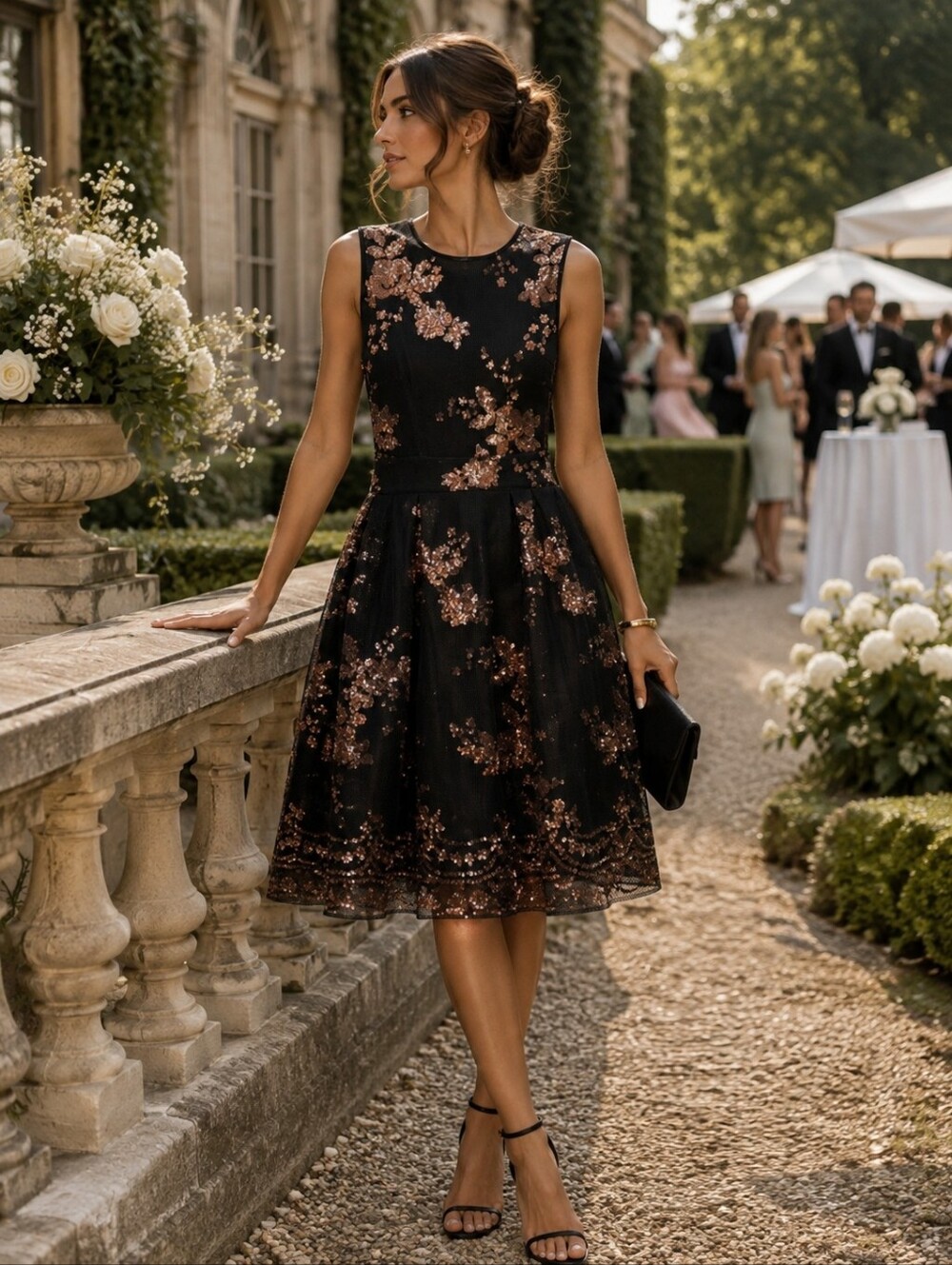 ROSE GOLD SEQUIN Maje Black Floral Fit & Flare Midi Dress Size 1 Cocktail Luxury